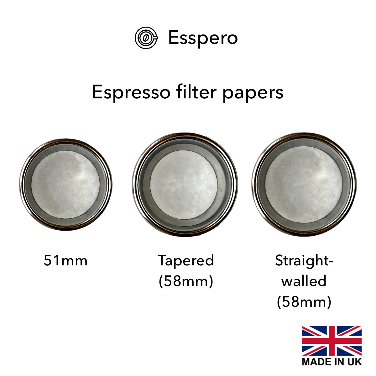 An image showing the filter paper sizes in the Esspero range: 51mm, Tapered 58mm, Straight-walled 58mm and Top of puck 58mm