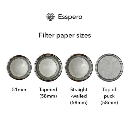 An image showing the filter paper sizes in the Esspero range: 51mm, Tapered 58mm, Straight-walled 58mm and Top of puck 58mm